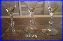 Antique Crystal Etched Stemmed Wine Glasses Set of 8 Floral Design 7.75 Tall