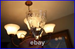 Antique Crystal Etched Stemmed Wine Glasses Set of 8 Floral Design 7.75 Tall