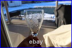 Antique Crystal Etched Stemmed Wine Glasses Set of 8 Floral Design 7.75 Tall