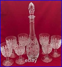 Antique Crystal Glass Decanter Set with 7 Glasses Etched Bar Glassware