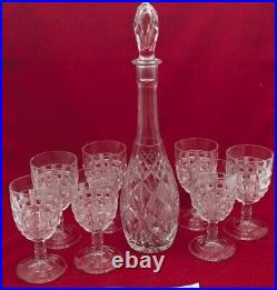 Antique Crystal Glass Decanter Set with 7 Glasses Etched Bar Glassware