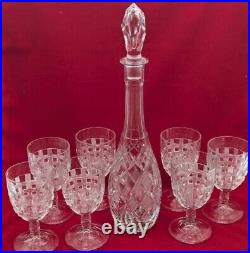 Antique Crystal Glass Decanter Set with 7 Glasses Etched Bar Glassware