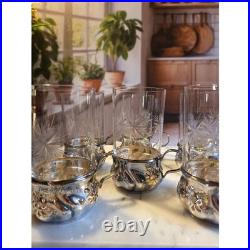 Antique Etched Starburst Crystal Glasses with Silver Schott Jenae glass holders