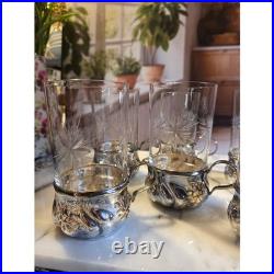 Antique Etched Starburst Crystal Glasses with Silver Schott Jenae glass holders