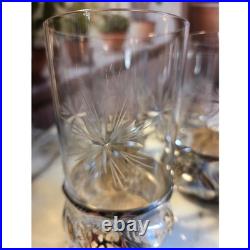 Antique Etched Starburst Crystal Glasses with Silver Schott Jenae glass holders