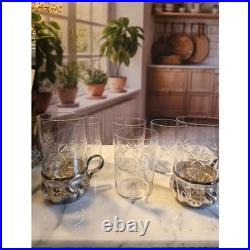 Antique Etched Starburst Crystal Glasses with Silver Schott Jenae glass holders