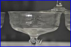 Antique Etched Stemmed Crystal Champagne Glasses Swag Baskets Pattern Set of 6