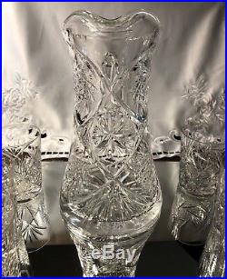 Antique HOBSTAR PINWHEEL American Brilliant ABP Crystal Set PITCHER + 6 GLASSES
