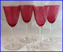 Antique Set 4 Intaglio Cameo Engraved Cranberry Glass Crystal Wine Goblets
