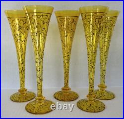 Art Glass Tall Champagne Flutes 10 Yellow Hand Painted Swirl Set of 5 Romania