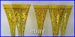 Art Glass Tall Champagne Flutes 10 Yellow Hand Painted Swirl Set of 5 Romania