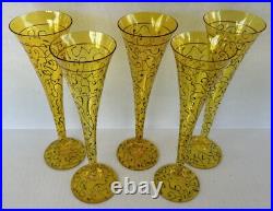Art Glass Tall Champagne Flutes 10 Yellow Hand Painted Swirl Set of 5 Romania