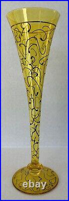 Art Glass Tall Champagne Flutes 10 Yellow Hand Painted Swirl Set of 5 Romania