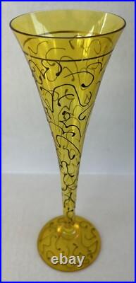 Art Glass Tall Champagne Flutes 10 Yellow Hand Painted Swirl Set of 5 Romania