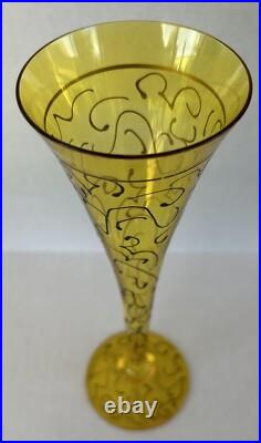 Art Glass Tall Champagne Flutes 10 Yellow Hand Painted Swirl Set of 5 Romania