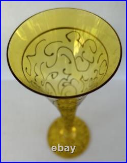 Art Glass Tall Champagne Flutes 10 Yellow Hand Painted Swirl Set of 5 Romania