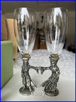 Arthur And Guinevere Pewter Sculpture Champagne Flutes & Cake Topper 3pc Set