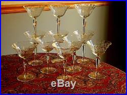 BEAUTIFUL Set of 11 Etched Crystal Depression Glass Saucer Champagne Goblets