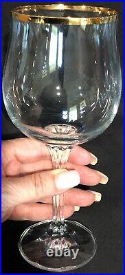 BOHEMIA CZECH CRYSTAL WINE GLASSES TULIP BOWL GOLD TRIM GENEVA SET of 10 MINT