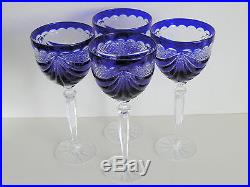 BOHEMIAN COBALT CASED CUT TO CLEAR CRYSTAL WINE GOBLETS Set of 4