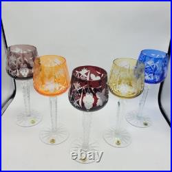 BOHEMIAN CUT TO CLEAR CRYSTAL Wine GOBLETS Multi Colored 8.5 Set Of 5