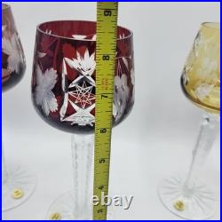 BOHEMIAN CUT TO CLEAR CRYSTAL Wine GOBLETS Multi Colored 8.5 Set Of 5