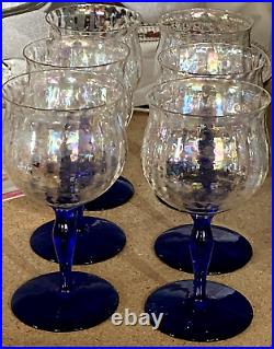 BRYCE 6 VTG 6 3/8 Iridescent Optic Hammered 10 Oz Wine Glasses Cobalt Blue Stem