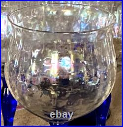 BRYCE 6 VTG 6 3/8 Iridescent Optic Hammered 10 Oz Wine Glasses Cobalt Blue Stem