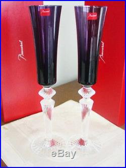 Baccarat MILLE NUITS Champagne Flutissimo Flutes Set / 2 Purple Amethyst NEW