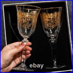 Bohemia Crystal Wine Glass Set of 2 Gold Etched Czech Crystal Champagne Goblets
