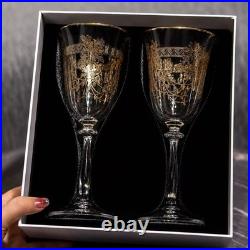 Bohemia Crystal Wine Glass Set of 2 Gold Etched Czech Crystal Champagne Goblets