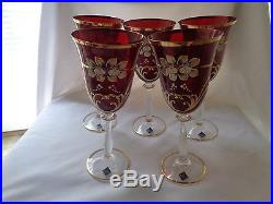 Bohemian Crystal Enamel Painted Set Of Five Cranberry Long Stem Wine Glasses