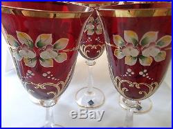 Bohemian Crystal Enamel Painted Set Of Five Cranberry Long Stem Wine Glasses