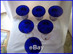 Bohemian Crystal Enamel Painted Set Of Six Cobolt Blue Long Stem Wine Glasses