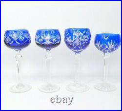 Bohemian Glass Cobalt Blue Cut to Clear Wine Goblets Crystal Stemware 4 Pc Set