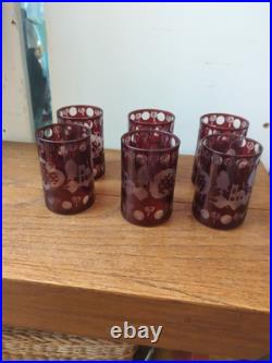 Bohemian glass Czech Crystal Ruby Red Cut To Clear Set 6 Glass Tumblers