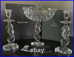 Brand New 12.5 Waterford Seahorse Pedestal Bowl And Candelsticks Set