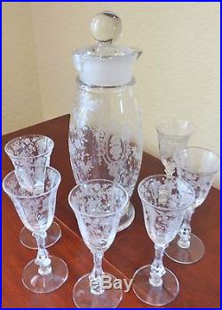 Cambridge Rose Point Wine Set Decanter 6 Cordial Glasses Elegant Vintage Crystal