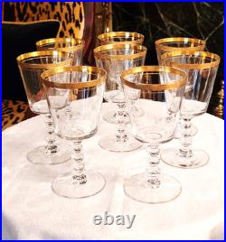 Charming Vintage Set Of 8 Gold Rim Crystal Wine Glasses, 6.25'