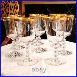 Charming Vintage Set Of 8 Gold Rim Crystal Wine Glasses, 6.25'