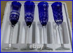 Cobalt Blue Crystal Cut to Clear Champagne Glass Flute Long Stemmed Set 8