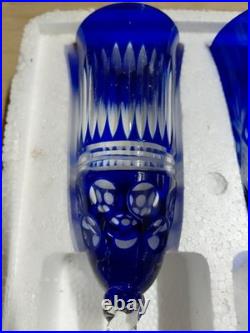 Cobalt Blue Crystal Cut to Clear Champagne Glass Flute Long Stemmed Set 8