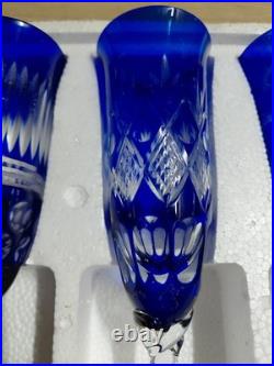 Cobalt Blue Crystal Cut to Clear Champagne Glass Flute Long Stemmed Set 8