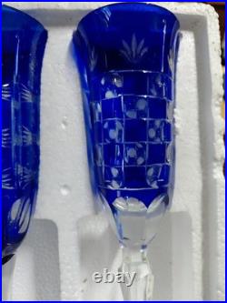 Cobalt Blue Crystal Cut to Clear Champagne Glass Flute Long Stemmed Set 8