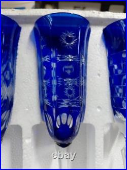 Cobalt Blue Crystal Cut to Clear Champagne Glass Flute Long Stemmed Set 8