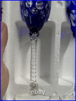 Cobalt Blue Crystal Cut to Clear Champagne Glass Flute Long Stemmed Set 8