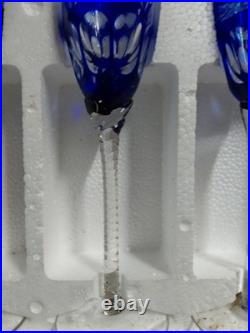Cobalt Blue Crystal Cut to Clear Champagne Glass Flute Long Stemmed Set 8