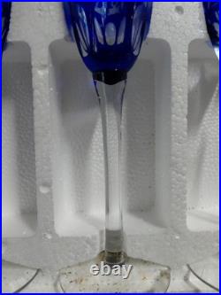 Cobalt Blue Crystal Cut to Clear Champagne Glass Flute Long Stemmed Set 8