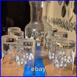 Corning Floral Decorated Clear Glass Carafe + 8 Tumblers Set