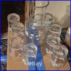 Corning Floral Decorated Clear Glass Carafe + 8 Tumblers Set